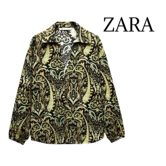 ZARA Green/Black Paisley FLOWY PRINTED SHIRT Sz M NWT - Picture 1 of 10